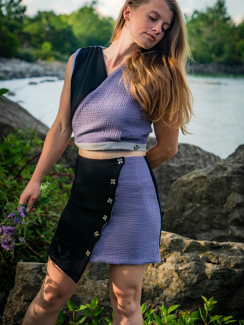 Two-Tone Lavender and Black Asymmetrical Wrap Skirt & Crop Top Set